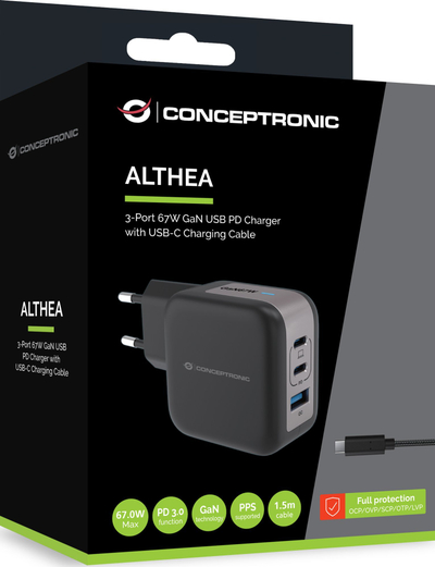 Полнач Conceptronic 3 порти GaN, 67W, USB PD и брзо полнење, бел