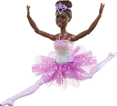 Kukull Barbie Mattel Ballerina Magical Lights HLC26, drita shumëngjyrëshe, flokë kafenj, fustan lejla