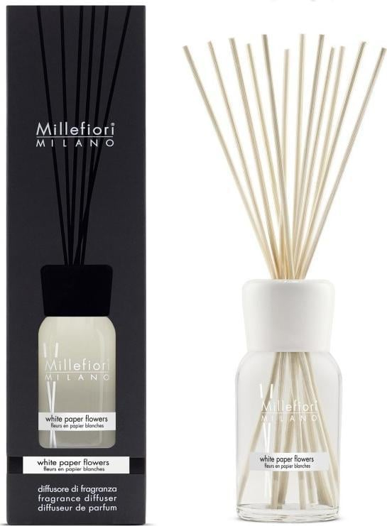 Difuzer arome Natural Fragrance White Paper Flowers, 250ml, me lule letre, i bardhë