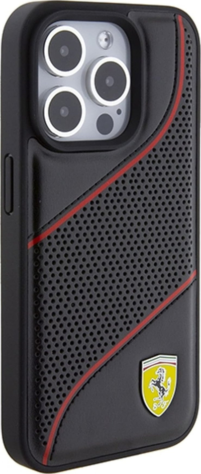 Mbulesë telefoni Ferrari Perforated për iPhone 15 Pro, lëkurë PU, kompatibile me karikim wireless, e zezë