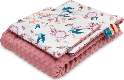 Set batanije dhe jastëk për bebe Sensillo Minky Retro Birds, pambuk 100%, rozë