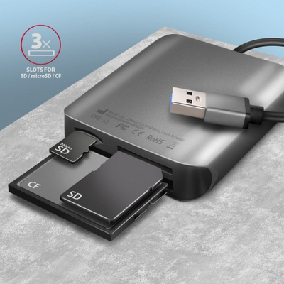 Lexues kartash Axagon CRE-S3, USB-A 3.2 Gen 1, 3 slote SD microSD CF, gri