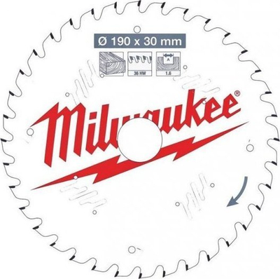 Disk sharrë Milwaukee Thin Kerf për dru, 190mm, 36 dhëmbë, 30mm