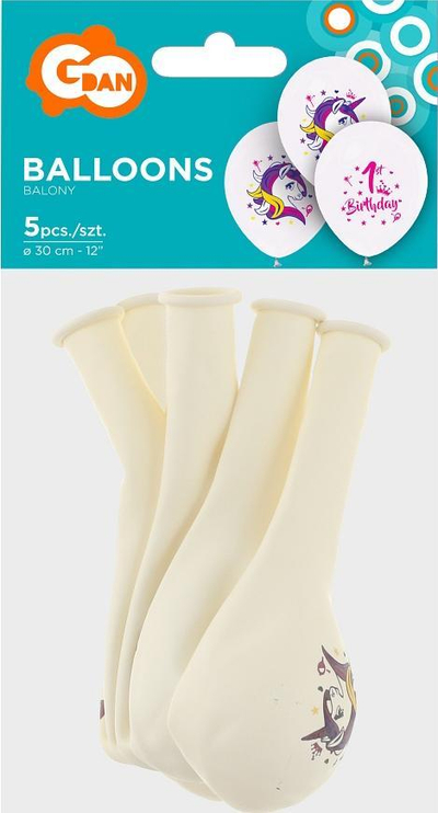 Balona Godan për ditëlindjen e parë me unicorn, set 5 copë, 30 cm, të bardha