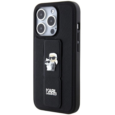 Maskë telefoni Karl Lagerfeld Gripstand Saffiano për iPhone 13 Pro/13 me mbajtëse stand, e zezë