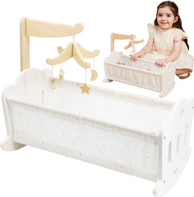 Shtrat druri për kukulla Viga Toys PolarB, me rrota gome, me mobile lodrash, i bardhë