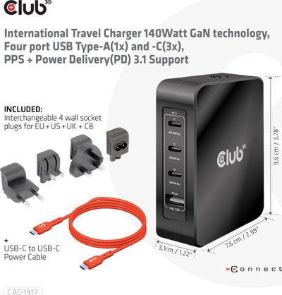 Karikues udhëtimi Club 3D GaN3 3C1A, 140W, 3x USB C 1x USB A, i zi
