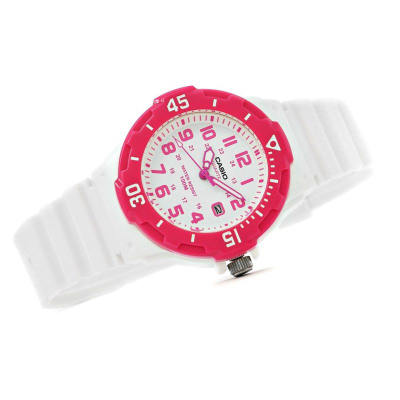 Orë dore CASIO LRW-200H-4B, analoge, 100 m e papërshkueshme nga uji, e bardhë me roze
