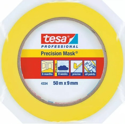 Маскирна лента за молерисување Tesa Precision 4334, 50m, 9mm, жолта