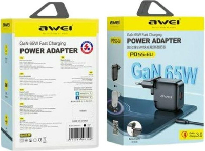 Ѕиден полнач Awei PD55-EU, 65W, USB и USB-C GaN, црн