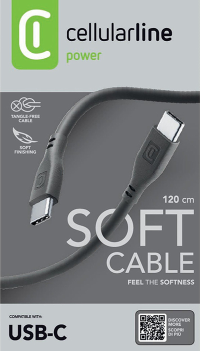 Kабел Cellularline Soft USB-C во USB-C, полнење и податоци, црн