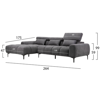 Divan këndor majtas Divya HM3267.02L, 264x175x99 cm, material Suede sintetik, gri