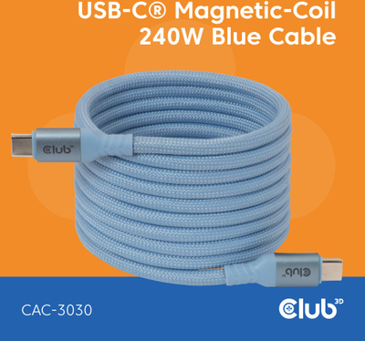 Kabllo USB C Club 3D CAC 1524, 240W PD 3.1, magnetike, blu