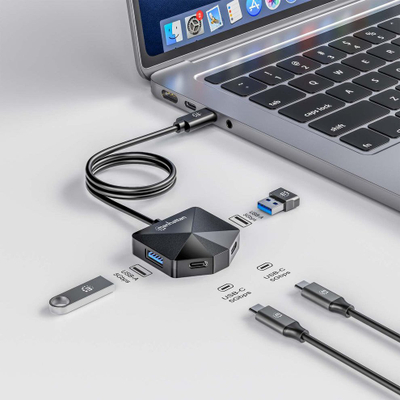 Hub USB Manhattan USB C dhe USB A, 4 porta, USB 3.2 Gen 1 5 Gbps, gri