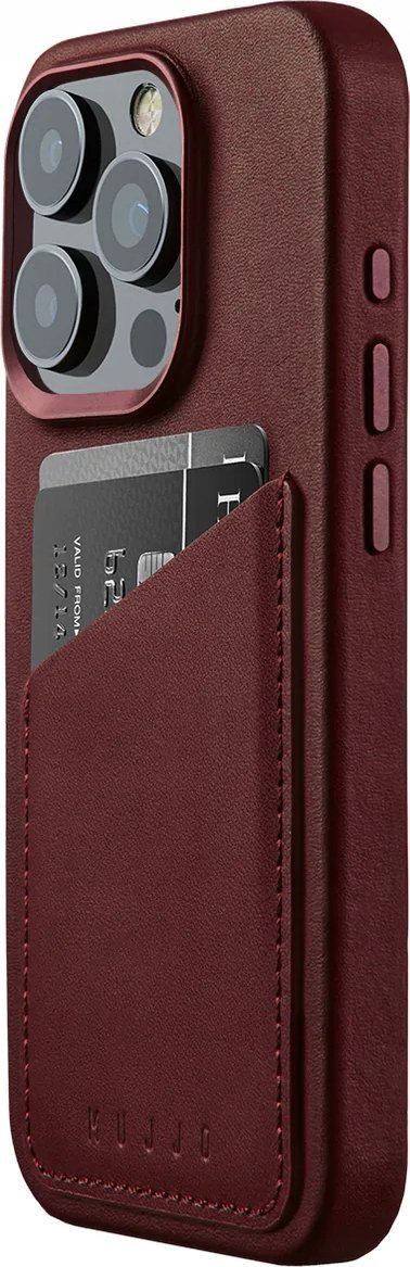 Kapak telefoni Mujjo iPhone 15 Pro, lëkurë portofol, MagSafe, burgundy
