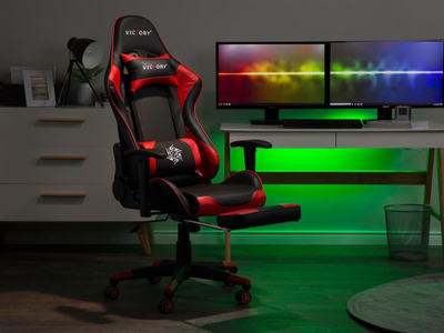 Karrige gaming Beliani VICTORY, lëkurë sintetike, me këmbëz, e kuqe e zezë