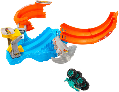 Set lojë Hot Wheels Monster Trucks Corkscrew Shark Smash, pistë me rampë, kamion lodër 1:64 Mega Wrex, shumëngjyrëshe