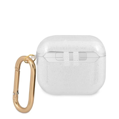 Mbulesë kufjesh Guess Glitter Collection për AirPods 3, TPU, me karabinë, e bardhë me shkëlqim