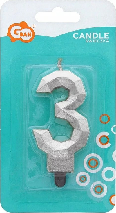 Qiri për torte Godan Diamond, numri 3, 7.6 cm, argjend metalik