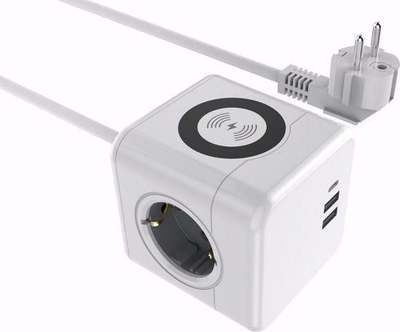 Prizë zgjatuese Microconnect Power Cube, karikim wireless, porta USB, e bardhë