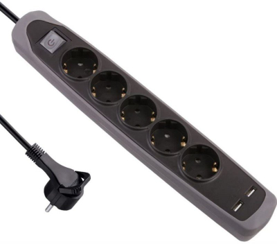 Zgjatës elektrik Electraline 62156, 5x prizë, 2x USB, 2m, gri