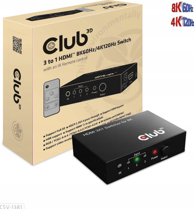Ndarës HDMI Club 3D CSV-1381, 3 me 1, 8K 60Hz 4K 120Hz, me telekomandë, ngjyrë e zezë