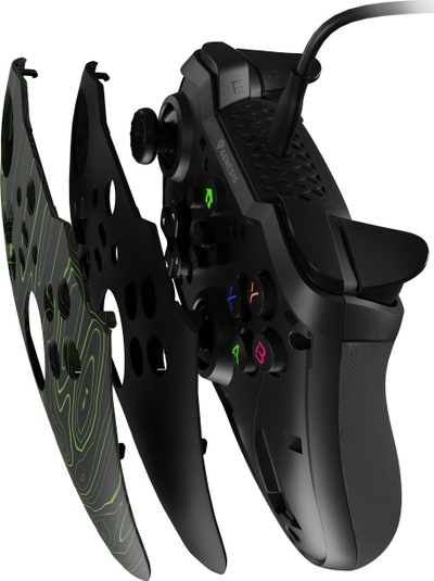 Set timoni gaming me pedale edhe gamepad Genesis Seaborg 400, me kabllo, për PC edhe konzola, i zi me blu
