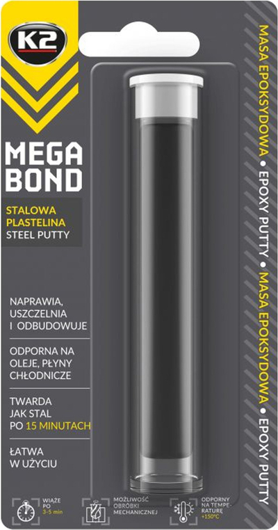 Masë epokside K2 Mega Bond Steel Putty, 20g, për hekur e metale