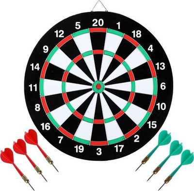 Set loje shigjetash, tabelë dyanshme 38 cm, 6 shigjeta çelik, bardh e zi