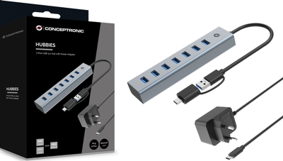 Hub USB Conceptronic HUBBIES21GP, 7 porta, USB 3.0 5Gbps, me adapter energjie, i zi