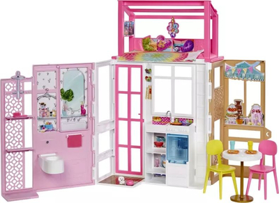 Shpi lodrash Barbie Dollhouse, 2 kate, me mobilje edhe aksesorë, rozë
