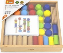 Loja druri Viga Toys Wooden Figures Balance Game, 46 copa, me kartela modeli, shumëngjyrëshe