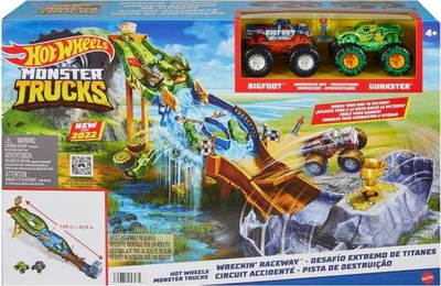Set loje Hot Wheels Monster Trucks Wreckin Raceway, me 2 kamiona Bigfoot dhe Gunkster, shumëngjyrësh