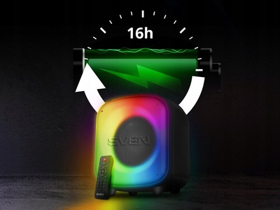 Kuti zanore portative Sven PS-555, 65W, Bluetooth me mikrofon karaoke, e zezë me drita RGB