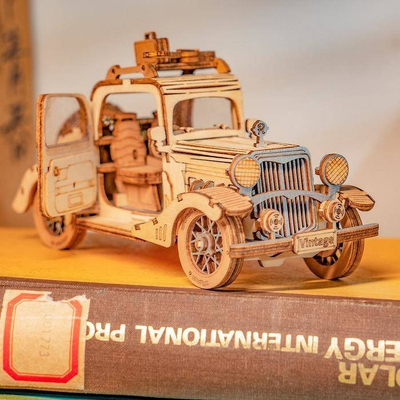 Puzzle druri Robotime Rolife ROETG504, makinë vintage 3D, model klasik, ngjyrë druri natyrale