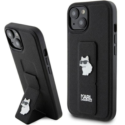 Futrollë telefoni Karl Lagerfeld Gripstand Saffiano Choupette Pins, për iPhone 15 Plus 14 Plus 6.7", e zezë