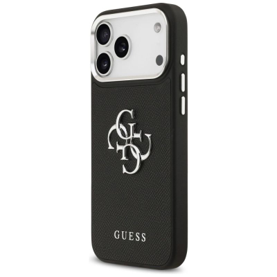 Mbulesë telefoni Guess Hardcase 4G Grained, për iPhone 17 Pro Max, TPU dhe lëkurë eco, e zezë