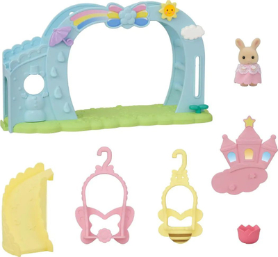 Set lodrash Sylvanian Families 5745 Nursery Swing, playset për shtëpi kukullash, me figurë bebe Milk Rabbit, shumëngjyrësh