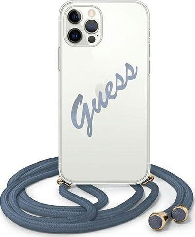 Futrollë telefoni Guess Script Vintage për iPhone 12 12 Pro, hardcase, me kordelë, blu