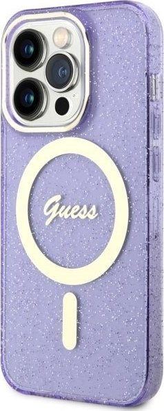 Mbulesë telefoni Guess GUHMP14LHCMCGU për iPhone 14 Pro, Glitter Gold, MagSafe, vjollcë
