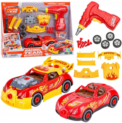 Lodër makinë garash LeanToys Racing Team, set montimi 27 pjesë, drita dhe tinguj, e kuqe