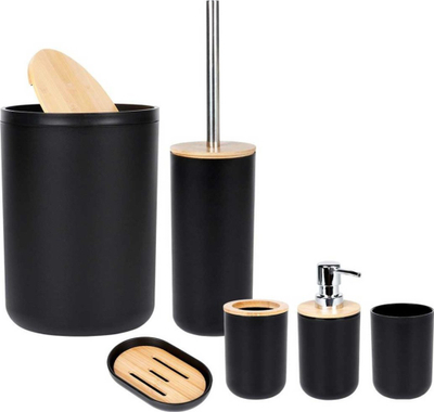 Set aksesorësh për banjo, 4 pjesë, plastikë dhe bambu, i zi, pa firmë