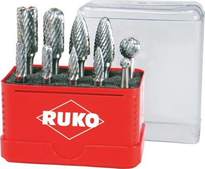 Set frezash rrotulluese RUKO 116002, 10 copë karbur tungsteni, kuti plastike e kuqe