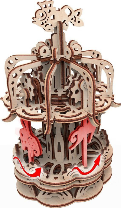 Model mekanik druri Wise Elk Carousel Small, 88 copë, ngjyrë dru natyrale