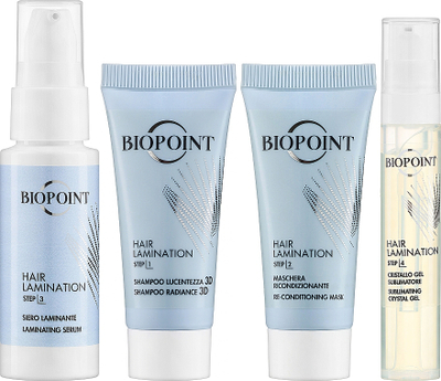 Set për flokë Biopoint Hair Lamination Lamiactive System, V-Keratin & Oleo5, Shampo, 20ml + Maskë, 20ml + Serum, 20ml + Xhel, 8ml