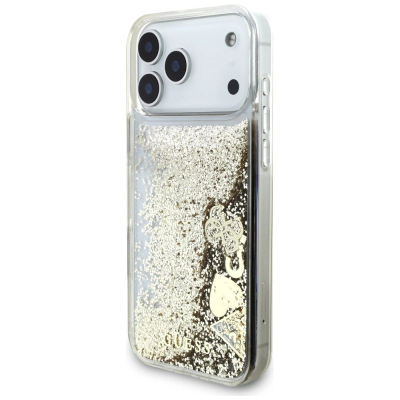 Mbrojtëse telefoni Guess Liquid Glitter Charms GUHCP17XGLHFLGO, për iPhone 17 Pro Max, e tejdukshme, ngjyrë gold