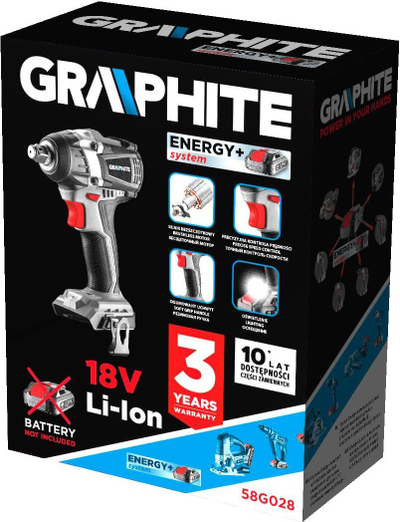 Çelës goditës me bateri Graphite Energy+ 58G028, 18V, 1/2", gri