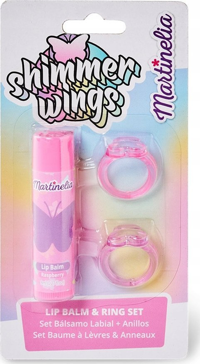 Set kozmetik për kalamaj Martinelia Shimmer Wings, balsam buzësh me aromë mjedre 8ml, 2 unaza, rozë