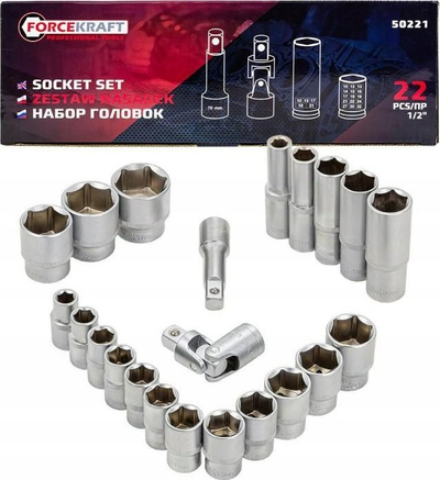 Set çelësash goditës Forcekraft Impact 1/2", 10-32mm, 22 pjesë, i zi
