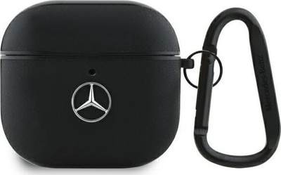 Футрола Mercedes-Benz Leather Metal Logo за AirPods 4, природна кожа, со карабинер, црна